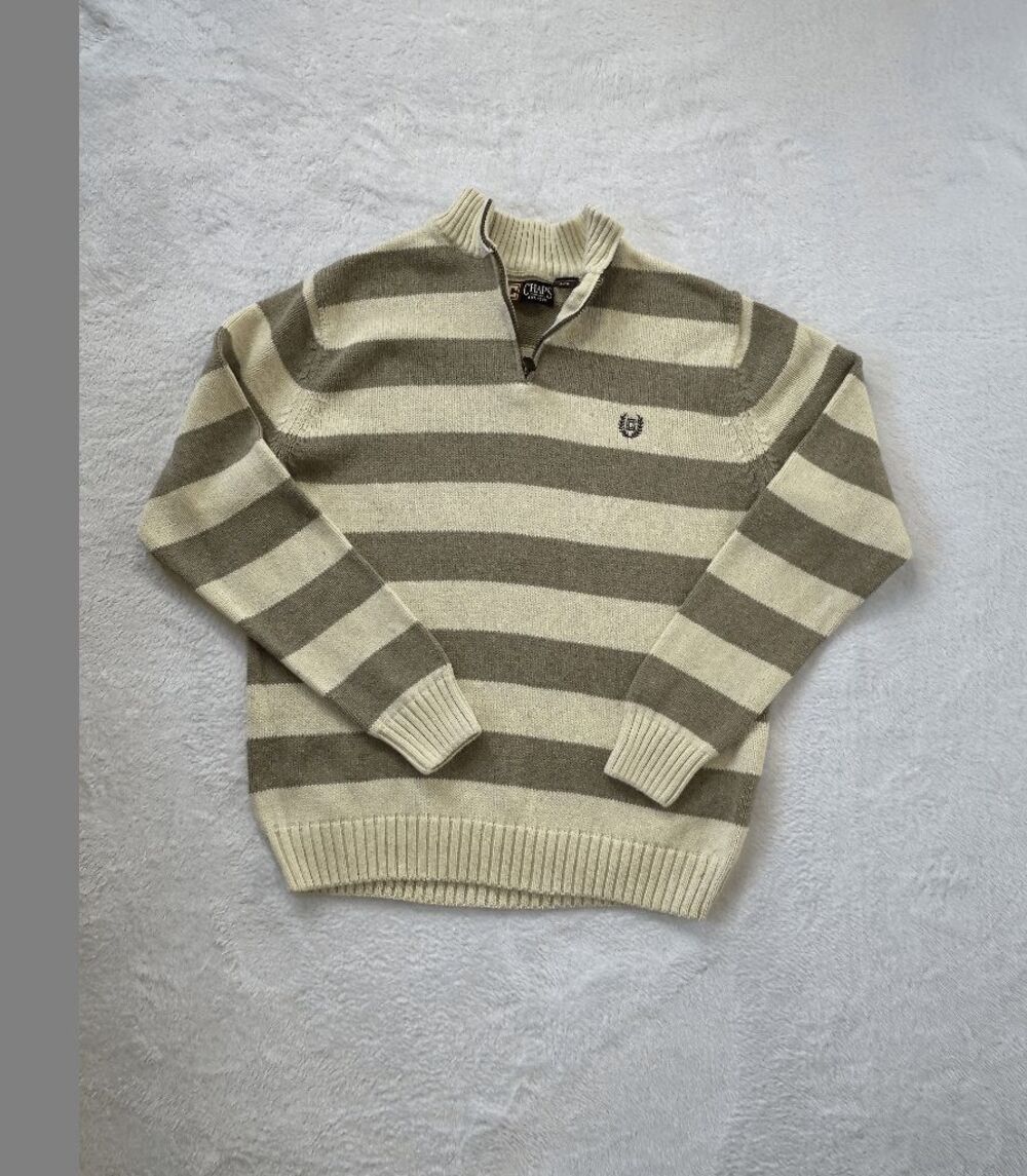 Chaps 100% Cotton 1/4 Zip Pullover Sweater Tan/Beige Stripe Size L Fair Isle